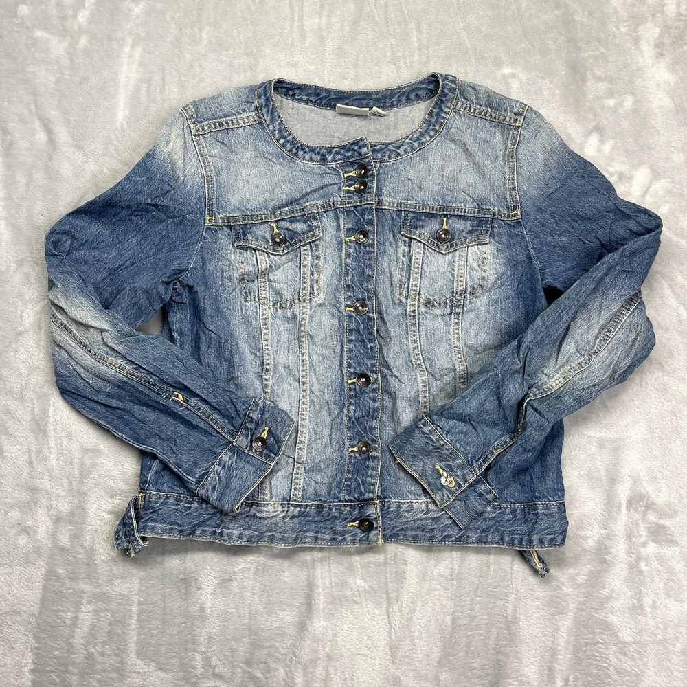 St. John's Bay‎ Denim Jacket Womens Large Blue Long Sleeve Collarless Button Up